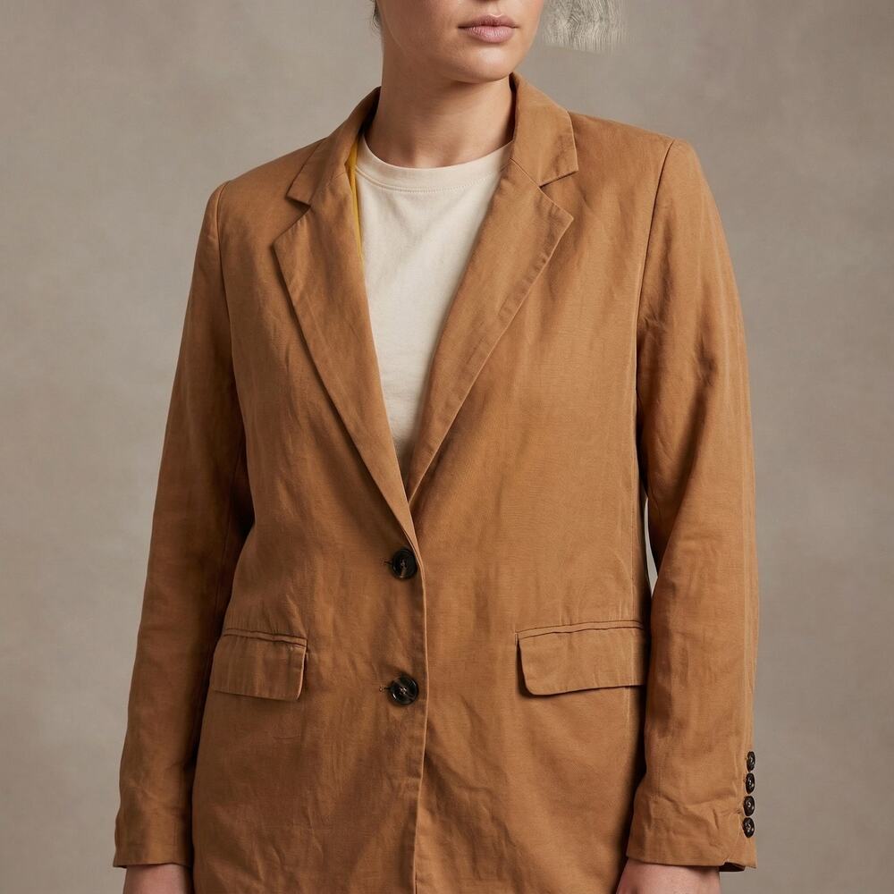 DISSH Women's Linen Tencel Blazer Camel Quiet Luxury Office Minimalist Size 6